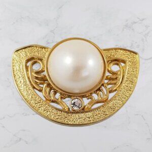 Vintage PARK LANE Gold Egyptian Revival Mabe Pearl Textured Crescent Brooch